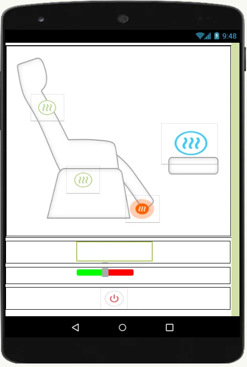 Android app UI: seat diagram with four heating zone controls and temperature slider